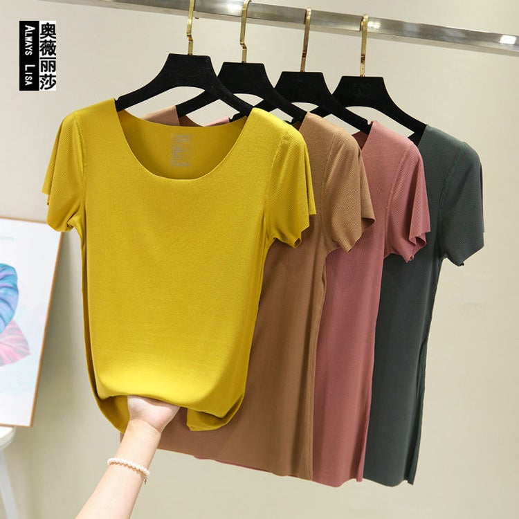 Spring and Summer Seamless Base Women's Slim-fit Solid Color Thin Cotton Round Neck Short-sleeved T-shirt Large Size Thin Thread T-shirt - Image 2