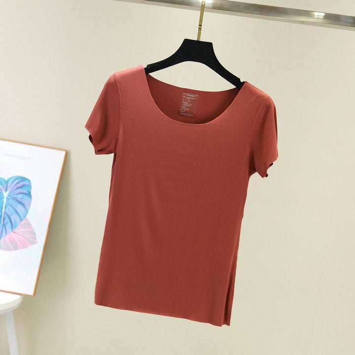 Spring and Summer Seamless Base Women's Slim-fit Solid Color Thin Cotton Round Neck Short-sleeved T-shirt Large Size Thin Thread T-shirt - Image 4