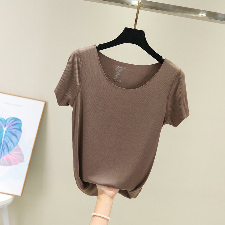 Spring and Summer Seamless Base Women's Slim-fit Solid Color Thin Cotton Round Neck Short-sleeved T-shirt Large Size Thin Thread T-shirt - Image 1