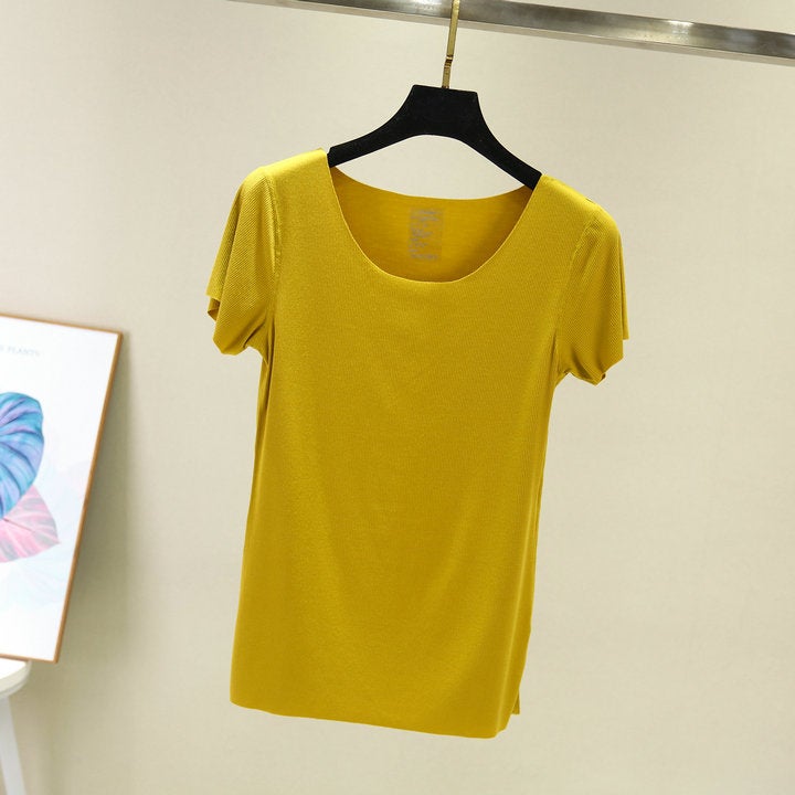 Spring and Summer Seamless Base Women's Slim-fit Solid Color Thin Cotton Round Neck Short-sleeved T-shirt Large Size Thin Thread T-shirt - Image 3