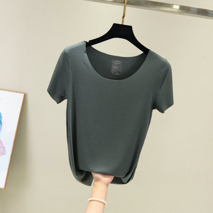 Spring and Summer Seamless Base Women's Slim-fit Solid Color Thin Cotton Round Neck Short-sleeved T-shirt Large Size Thin Thread T-shirt - Image 5