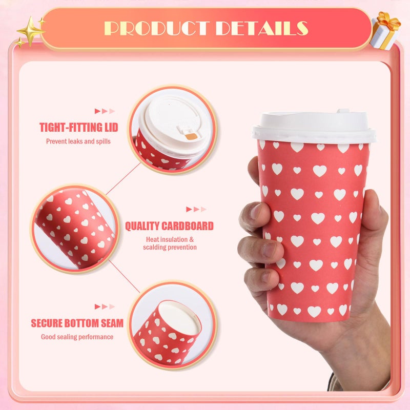 FOBSME 50 Pcs Valentine Disposable Coffee Cups With Lids 16oz Red White Love Heart Paper Cups Valentine Party Drinking Cups for Wedding Anniversary Party Supplies - Image 3