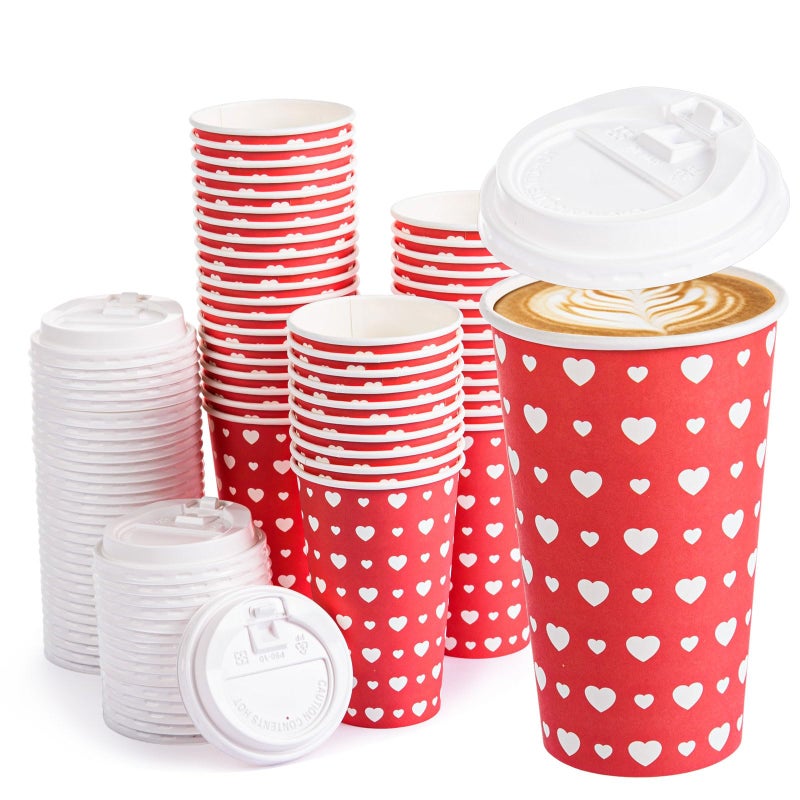 FOBSME 50 Pcs Valentine Disposable Coffee Cups With Lids 16oz Red White Love Heart Paper Cups Valentine Party Drinking Cups for Wedding Anniversary Party Supplies - Image 1