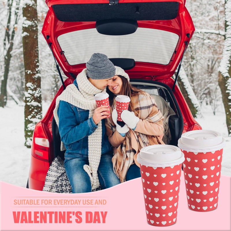 FOBSME 50 Pcs Valentine Disposable Coffee Cups With Lids 16oz Red White Love Heart Paper Cups Valentine Party Drinking Cups for Wedding Anniversary Party Supplies - Image 5