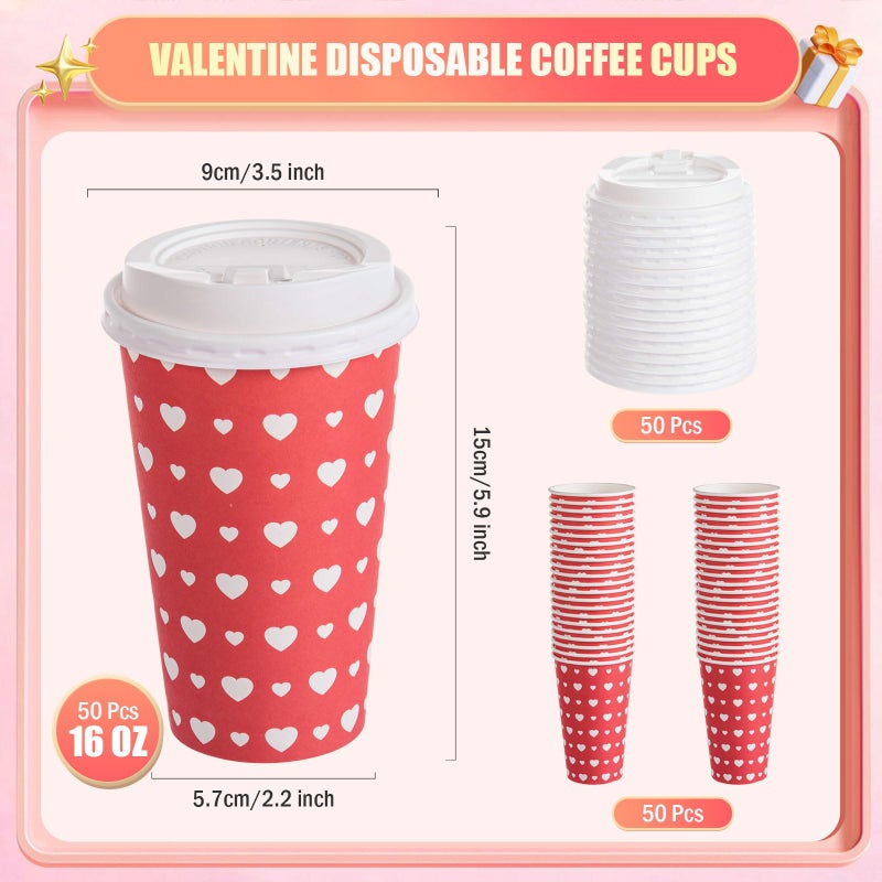 FOBSME 50 Pcs Valentine Disposable Coffee Cups With Lids 16oz Red White Love Heart Paper Cups Valentine Party Drinking Cups for Wedding Anniversary Party Supplies - Image 2