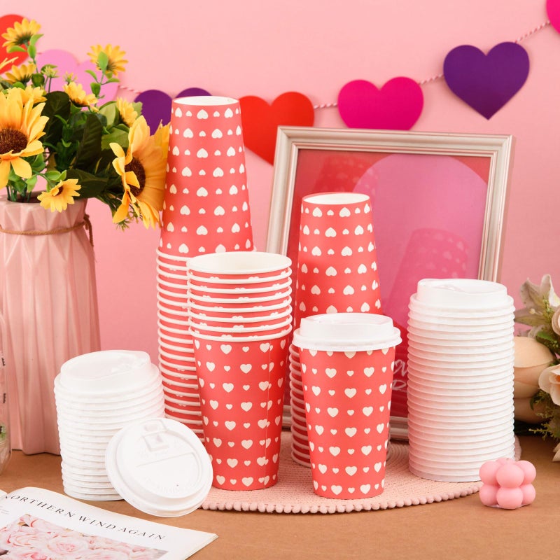FOBSME 50 Pcs Valentine Disposable Coffee Cups With Lids 16oz Red White Love Heart Paper Cups Valentine Party Drinking Cups for Wedding Anniversary Party Supplies - Image 4