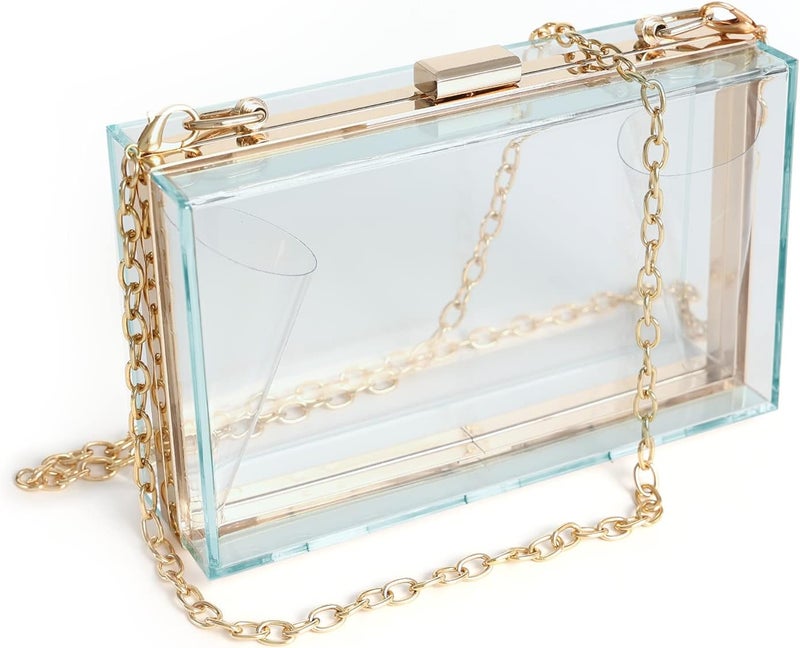 WJCD Women Clear Purse Acrylic Box Clutch Handbag, Small Transparent Crossbody Evening Bag Stadium Approved Gold Chain Strap - Image 1