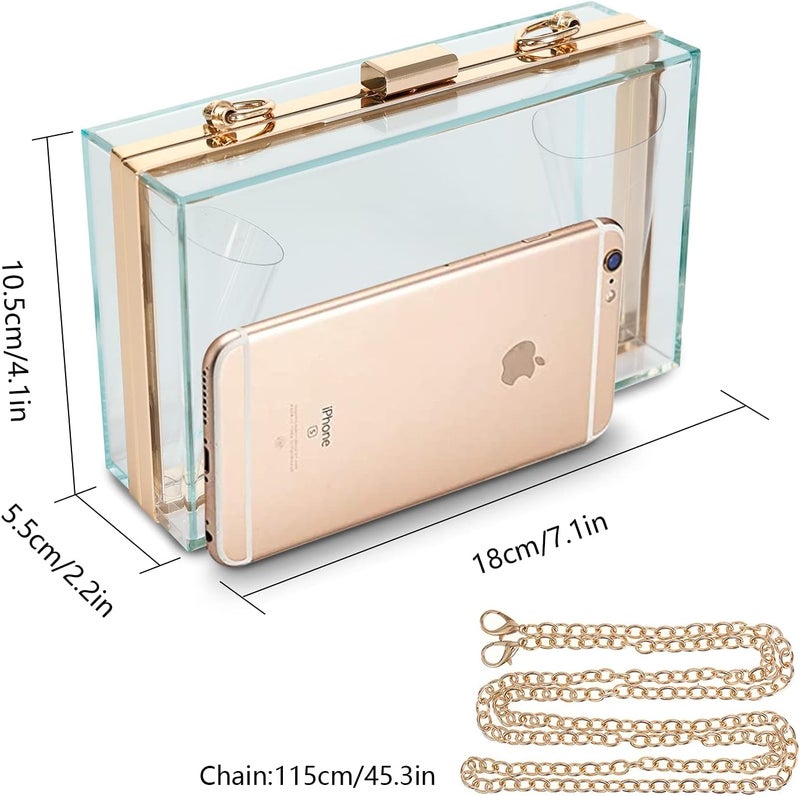 WJCD Women Clear Purse Acrylic Box Clutch Handbag, Small Transparent Crossbody Evening Bag Stadium Approved Gold Chain Strap - Image 2