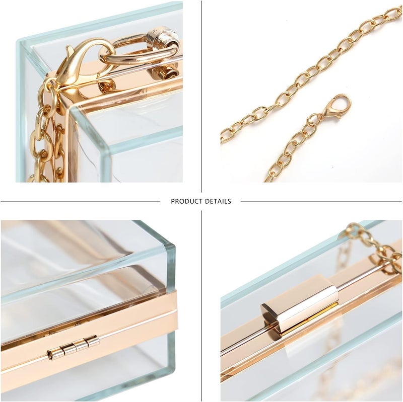 WJCD Women Clear Purse Acrylic Box Clutch Handbag, Small Transparent Crossbody Evening Bag Stadium Approved Gold Chain Strap - Image 3