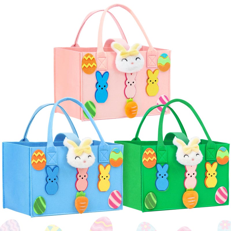 Axcoix 3 Pack Large Easter Basket Bags with Handles, Reusable Felt Easter Gift Bags for Kids with Bunny Egg Pattern, Easter Treat Tote Bags for Candy Egg Hunt Party Favors (Blue & Pink & Green) - Image 1