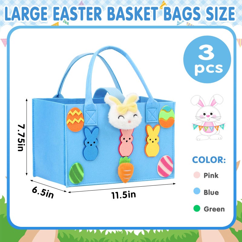Axcoix 3 Pack Large Easter Basket Bags with Handles, Reusable Felt Easter Gift Bags for Kids with Bunny Egg Pattern, Easter Treat Tote Bags for Candy Egg Hunt Party Favors (Blue & Pink & Green) - Image 2