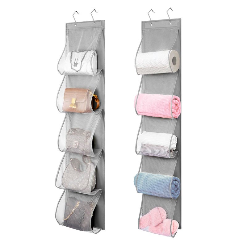 TEMUORG 2 Pack Over the Door Hanging Vinyl Organizer Embroidery Stabilizer Holder Purse Storage for Closet Bath Towel Hanger Scarf Container 5 Large Pockets (One Side) - Image 1