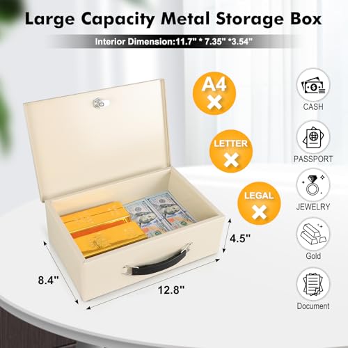 KYODOLED Fireproof Document Box with Key Lock, Small Safe Box for Valuables, Fire and Water Resistance, Fireproof Lock Box for Passport, Cash, Tablet, Exterior 12.8'' x 8.4'' x 4.5'' Beige - Image 2