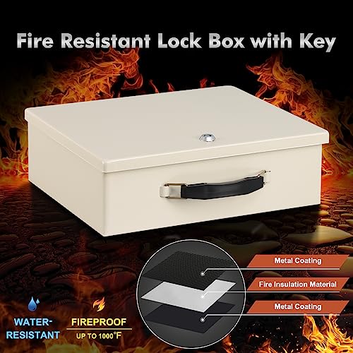KYODOLED Fireproof Document Box with Key Lock, Small Safe Box for Valuables, Fire and Water Resistance, Fireproof Lock Box for Passport, Cash, Tablet, Exterior 12.8'' x 8.4'' x 4.5'' Beige - Image 3