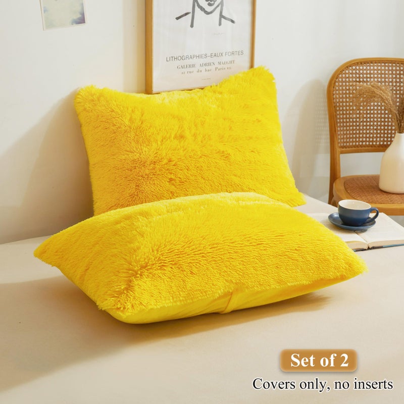 XeGe Faux Fur Fluffy Throw Pillowcases  Plush Shaggy Soft Furry Pillow Covers  Fuzzy Decorative Pillow Cases  Velvet Pillow Shams for Bed Couch Sofa Zipper Closure  Set of 2 (Standard  Yellow) - Image 2