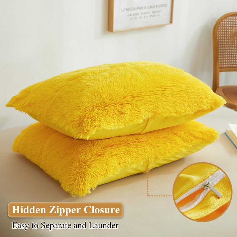 XeGe Faux Fur Fluffy Throw Pillowcases  Plush Shaggy Soft Furry Pillow Covers  Fuzzy Decorative Pillow Cases  Velvet Pillow Shams for Bed Couch Sofa Zipper Closure  Set of 2 (Standard  Yellow) - Image 3