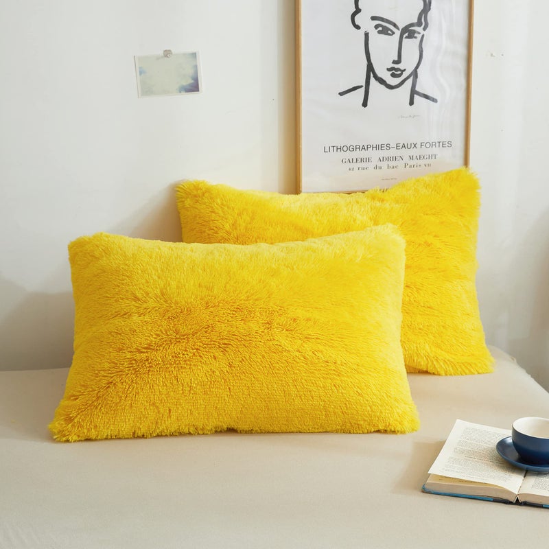 XeGe Faux Fur Fluffy Throw Pillowcases  Plush Shaggy Soft Furry Pillow Covers  Fuzzy Decorative Pillow Cases  Velvet Pillow Shams for Bed Couch Sofa Zipper Closure  Set of 2 (Standard  Yellow) - Image 1