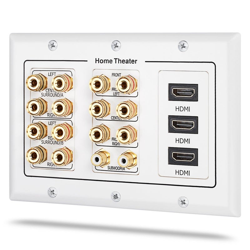 Fosmon 3 Gang Wall Plate, (3-Gang 7.2 Surround Sound Distribution) Home Theater Copper Banana Binding Post Coupler Type Wall Plated for 7 Speakers, 2 RCA Jacks for Subwoofers & 3 HDMI Ports - Image 1