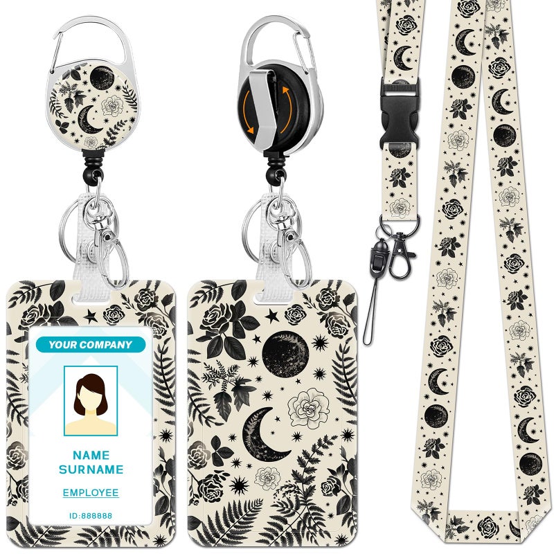 Hancynir Goth Moon Floral Lanyards for Id Badges, Gothic Flower Badge Holder with Retractable Reel Clip, Work Name Tags Keychain Lanyard with ID Holder, Card Protector for Teacher Nurse Doctor Office - Image 1