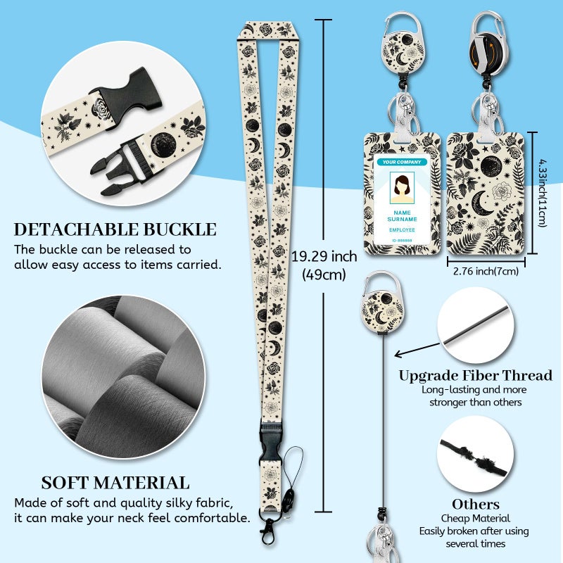 Hancynir Goth Moon Floral Lanyards for Id Badges, Gothic Flower Badge Holder with Retractable Reel Clip, Work Name Tags Keychain Lanyard with ID Holder, Card Protector for Teacher Nurse Doctor Office - Image 5