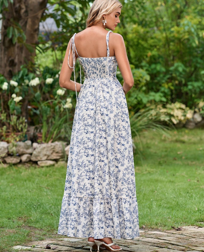 GLNEGE Women's Summer Floral Maxi Wedding Guest Dress Smocked Ruffle Tea Party Dresses Flowy A Line Sundress Bluefloral - Image 3