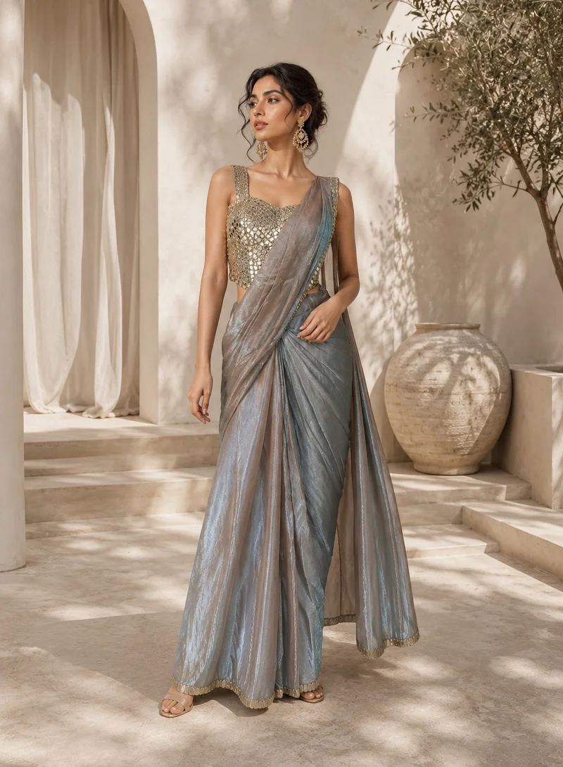 Lehar Moonlit Silver Drape Saree with Mirror Embellished Corset Blouse