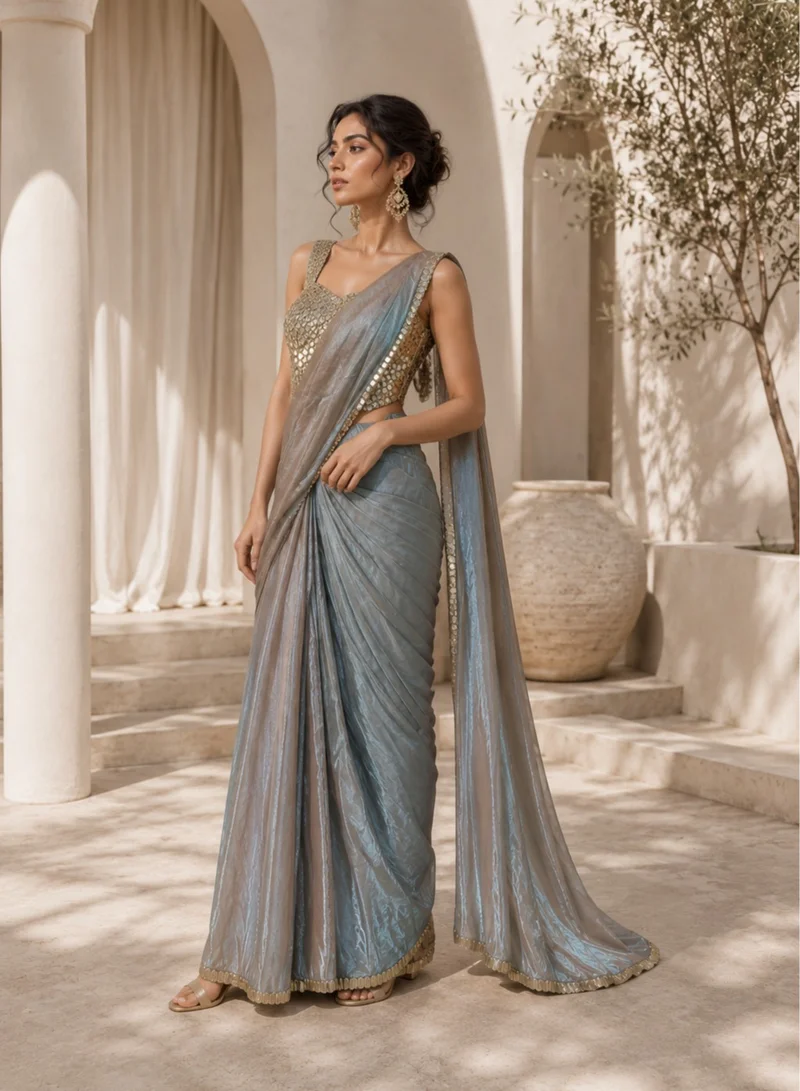 Lehar Moonlit Silver Drape Saree with Mirror Embellished Corset Blouse