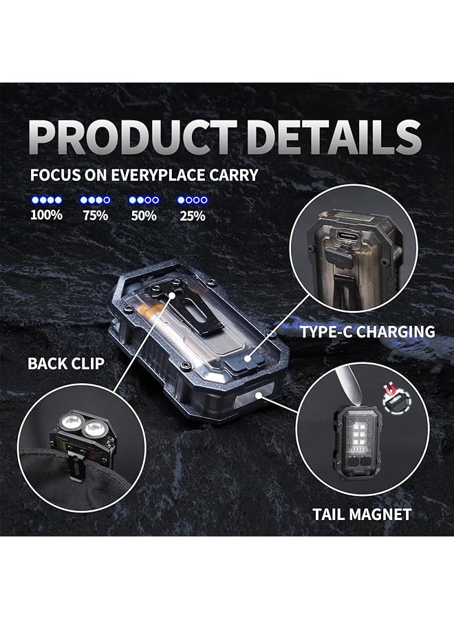 [Upgrade] Mini Keychain Flashlight with Magnet USB C Rechargeable EDC 800 High Lumens LED & COB Portable Clip on Flashlights 8 Modes Waterproof (Black) - Image 5