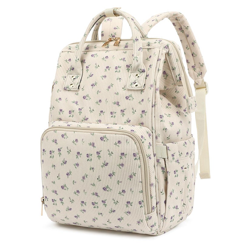 Yusudan Corduroy Diaper Bag Backpack for Baby Girls Boys Women Large Nappy Bags for Mom Beige Corduroy Floral Purple - Image 2