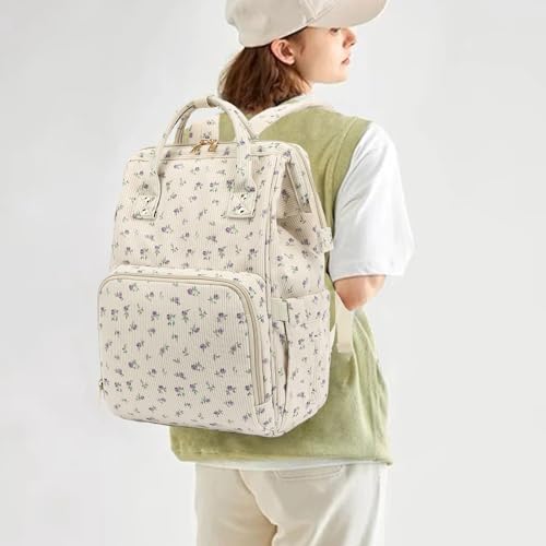 Yusudan Corduroy Diaper Bag Backpack for Baby Girls Boys Women Large Nappy Bags for Mom Beige Corduroy Floral Purple - Image 3