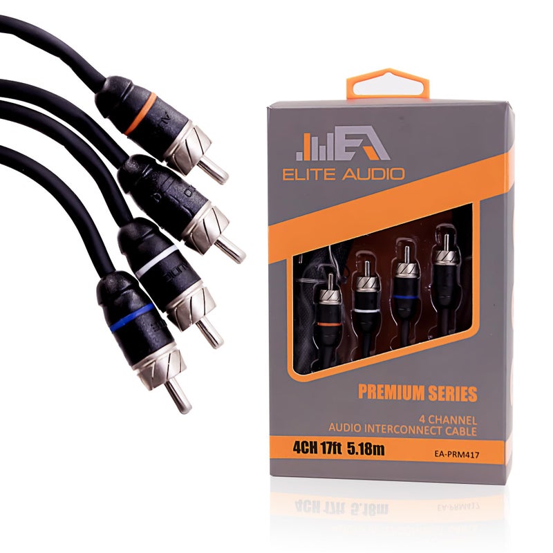 Elite Audio Premium Series 17ft. 4-Channel Car Audio RCA Cable â€“ Double Shielded, Oxygen Free Copper, Noise Reducing Audio Cable for Amplifiers, Subwoofers, Speakers, and Processors â€“ PRM417 - Image 1