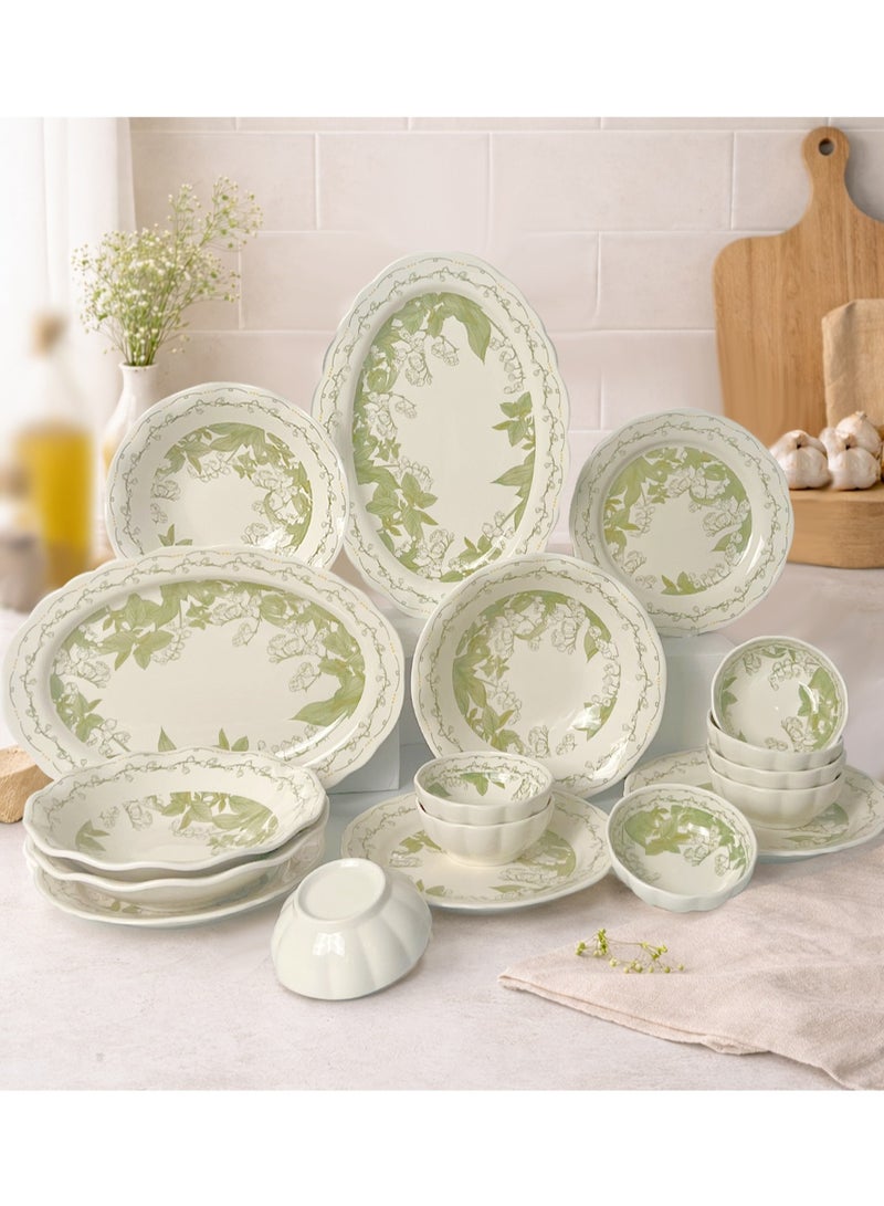 18Pcs Dinnerware Set, Gift Kit, Classic Elegant Ceramic Tableware, Dishwasher & Microwave Safe, Green Flower - Image 1