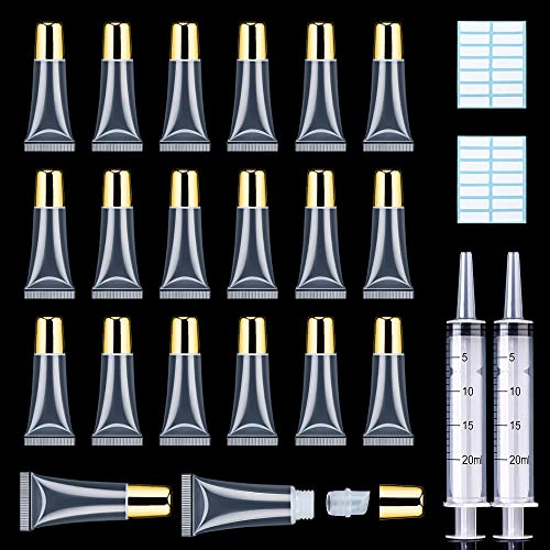 AMORIX 50PCS Lip Gloss Tubes 5ml Gold Cap Lip Gloss Containers Empty Lip Balm Tubes Refillable Squeeze Lipgloss Tubes 2 x 20ml Syringes Tag Labels for DIY Lip Gloss Base Glitter - Image 1