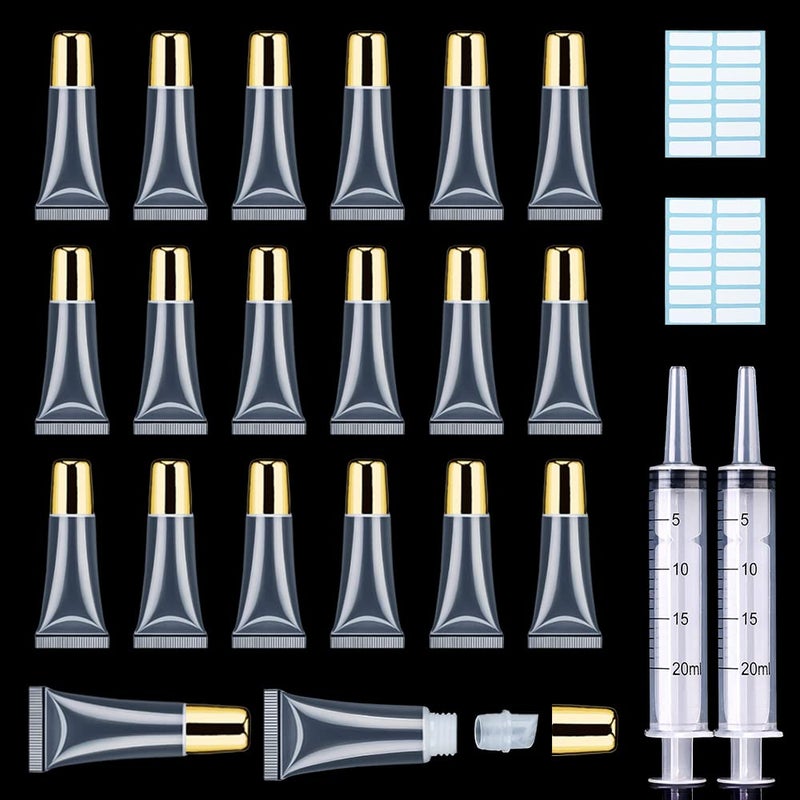 AMORIX 50PCS Lip Gloss Tubes 5ml Gold Cap Lip Gloss Containers Empty Lip Balm Tubes Refillable Squeeze Lipgloss Tubes 2 x 20ml Syringes Tag Labels for DIY Lip Gloss Base Glitter - Image 2