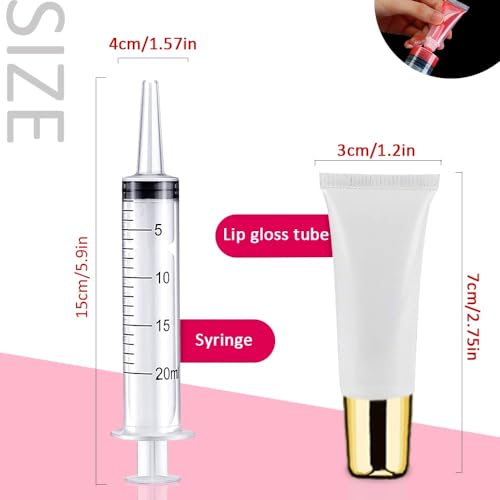 AMORIX 50PCS Lip Gloss Tubes 5ml Gold Cap Lip Gloss Containers Empty Lip Balm Tubes Refillable Squeeze Lipgloss Tubes 2 x 20ml Syringes Tag Labels for DIY Lip Gloss Base Glitter - Image 3