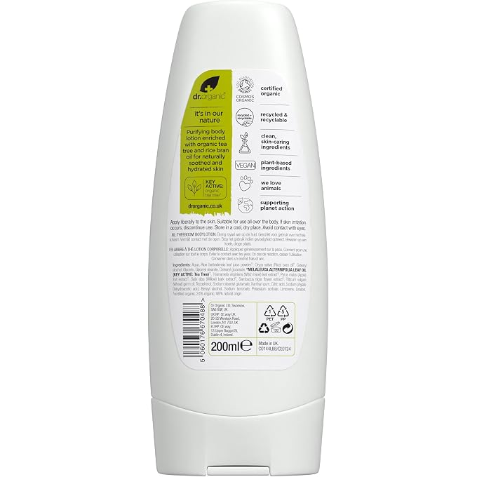 dr.organic Dr Organic Tea Tree Lotion, Moisturising, Mens, Womens, Natural, Vegan, Cruelty-Free, Paraben & SLS-Free, Recycled & Recyclable, Recycled & Recyclable, Organic, 200ml, Packaging may vary - Image 3