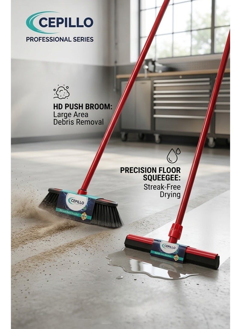 CEPILLO Long Handle brush/Broom With Rubber Bumper +  Floor Wiper With Stick 35cm  Combo RED/BLACK SET OF 2 - Image 2