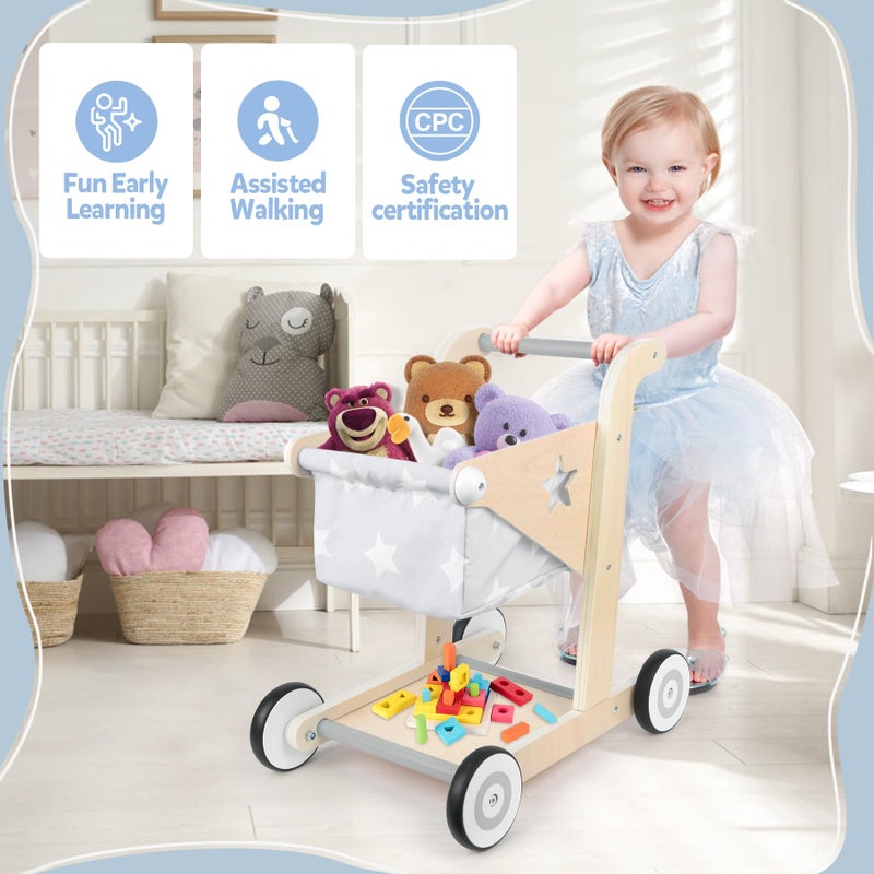 Asweets 2 in 1 Wooden Baby Walker Push and Pull Doll Stroller, Shopping Cart Learning Walker for Boys and Girls, Sit Stand Learning Toddler Toy (Grey) - Image 3