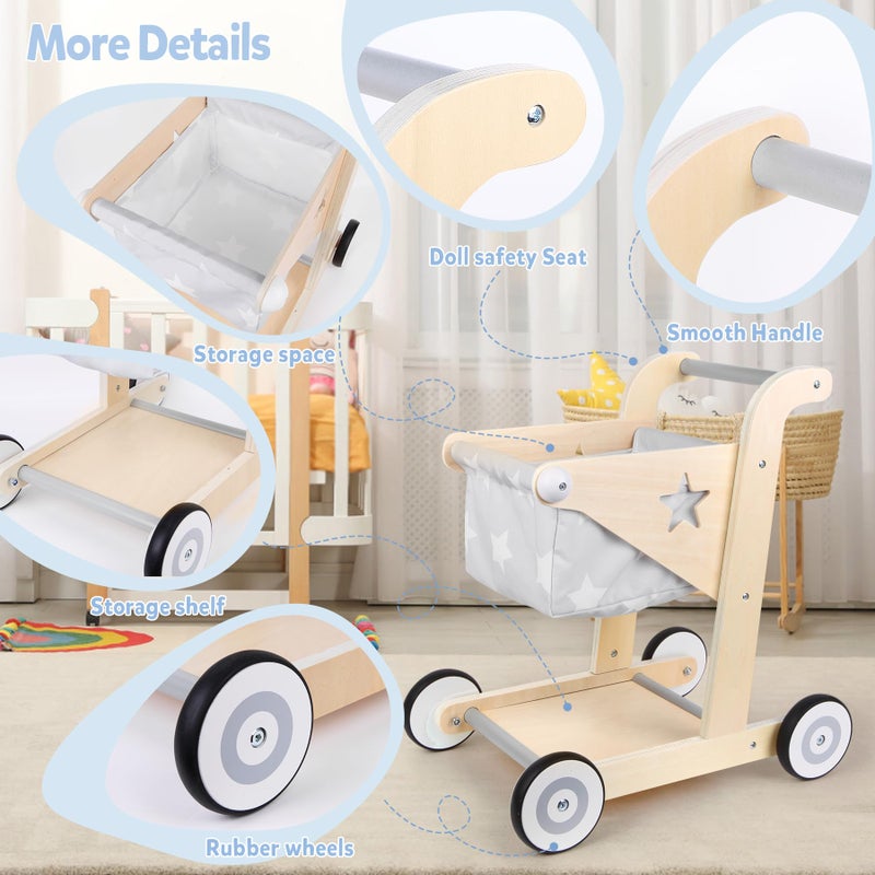 Asweets 2 in 1 Wooden Baby Walker Push and Pull Doll Stroller, Shopping Cart Learning Walker for Boys and Girls, Sit Stand Learning Toddler Toy (Grey) - Image 5