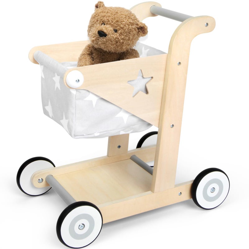 Asweets 2 in 1 Wooden Baby Walker Push and Pull Doll Stroller, Shopping Cart Learning Walker for Boys and Girls, Sit Stand Learning Toddler Toy (Grey) - Image 1