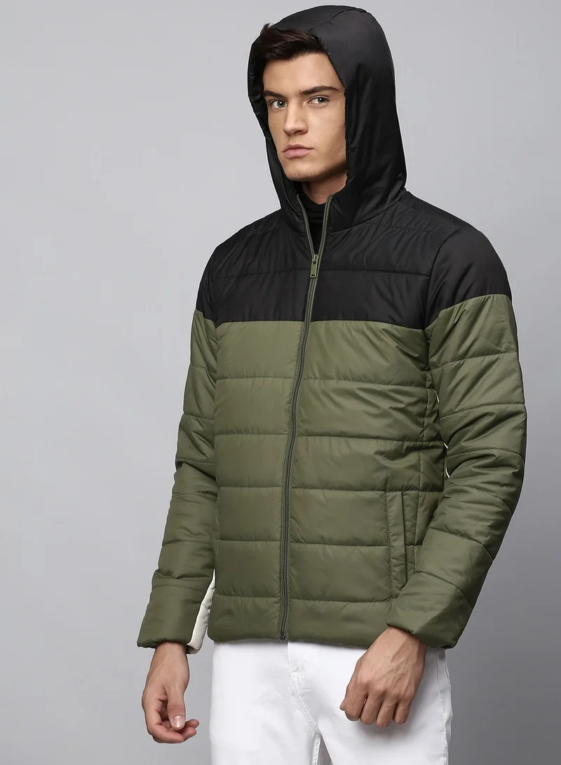Dennis Lingo Olive Regular Fit Men's Colourblocked Hooded Polyester Jacket with Zipper Closure
