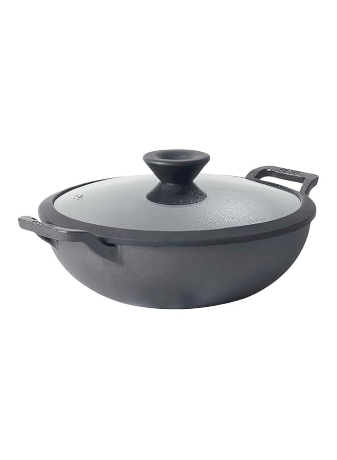 Meyer Pre Seasoned Cast Iron Kadai|Iron Kadhai with Lid for Cooking and Stir Frying | Heavy Base Iron Kadai Big Size | Gas Stove and Induction Friendly 26cm/ 3 Liters, Black