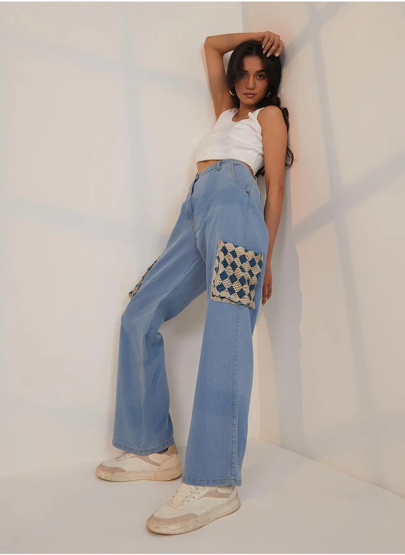 PINACOLADA Women's Light Blue Contrast Patch Denim Jeans