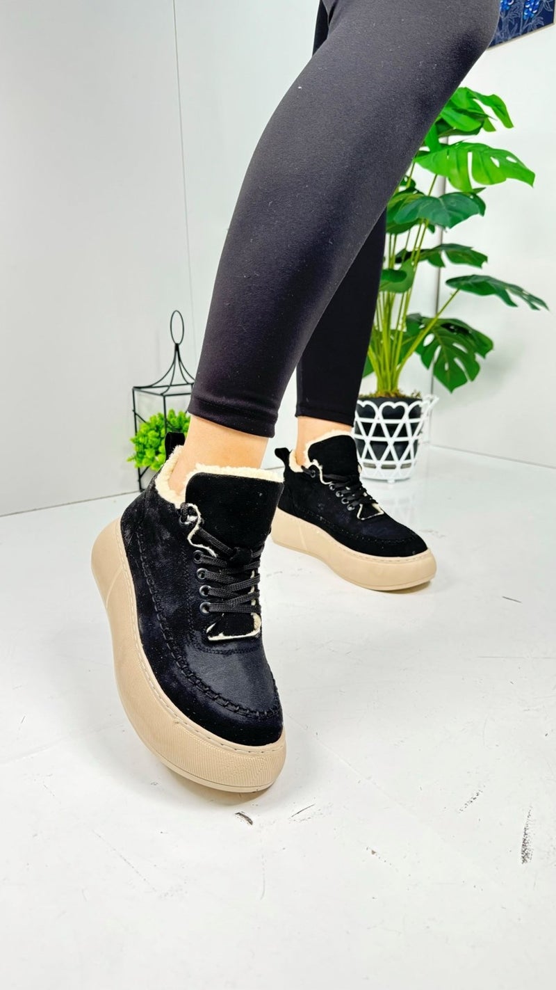 Nstil Casual Women's Boots Lace-Up High Thick-Soled Fur Oval Toe Suede Comfortable Lightweight Bootie 1701  - Image 1