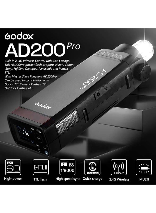 Godox AD200 Pro AD200Pro Pocket Flash Strobe, 200W Strobe Flash Monolight HSS 1/8000s TTL Speedlite, Powerful Li-ion Battery, with Godox XPro-S TTL Wireless Flash Trigger Compatible for Sony Camera - Image 2