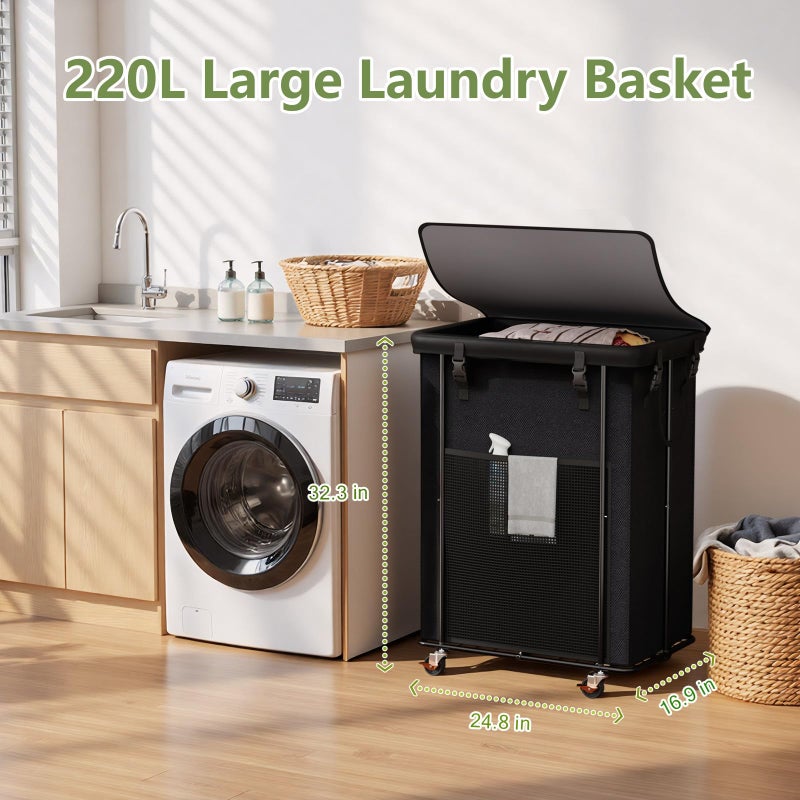 Olldide 220L Laundry Hamper with Cover, Rolling Laundry Basket with Wheels, Large & Tall Dirty Clothes Hamper with Metal Frame and Removable Bag for Bedroom Aesthetic, Laundry Room, Bathroom, Dorm - Image 2
