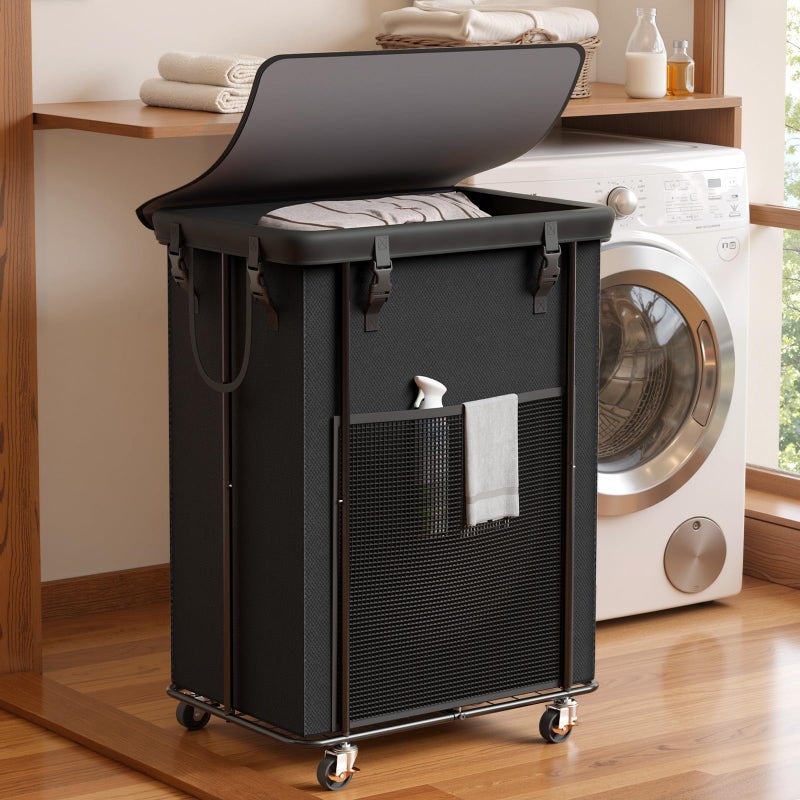 Olldide 220L Laundry Hamper with Cover, Rolling Laundry Basket with Wheels, Large & Tall Dirty Clothes Hamper with Metal Frame and Removable Bag for Bedroom Aesthetic, Laundry Room, Bathroom, Dorm - Image 1