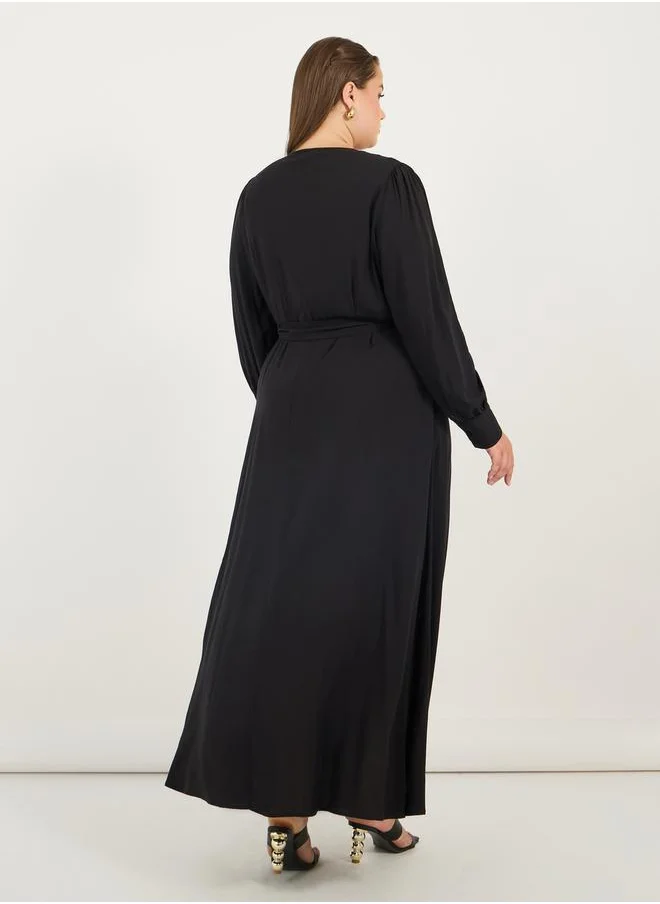 Styli Plus Size Solid Wrap Front A-Line Maxi Dress