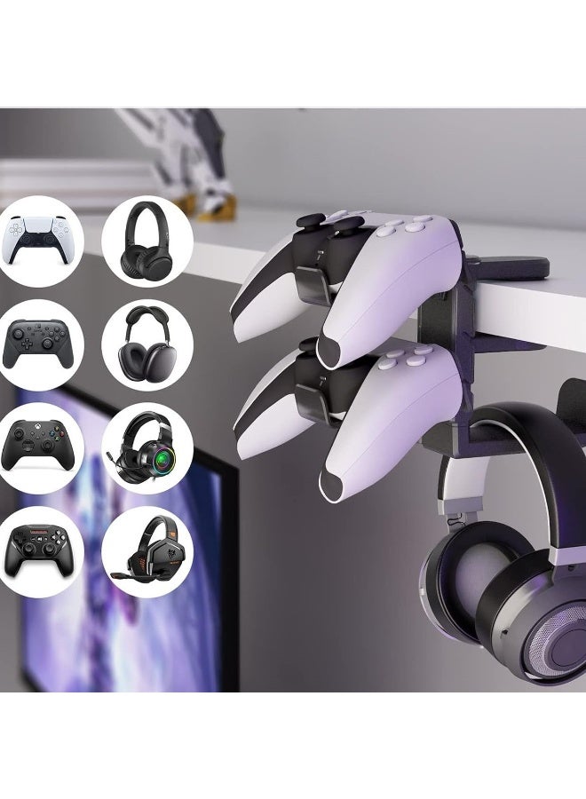 HaHaHai 3-in-1 PC Gaming Headset&Controller Holder - Headphone Stand w/Adjustable Clamp&2 Controller Holder&Rotating Arm&Cable Organizer, Universal PC Gaming Accessory Controller Headset Stand-White  - Image 3