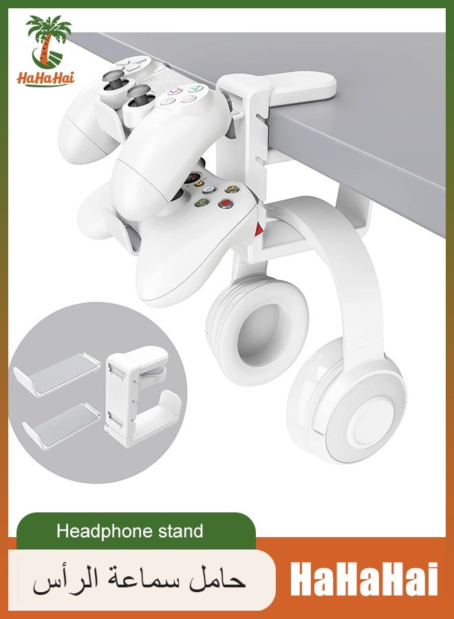 HaHaHai 3-in-1 PC Gaming Headset&Controller Holder - Headphone Stand w/Adjustable Clamp&2 Controller Holder&Rotating Arm&Cable Organizer, Universal PC Gaming Accessory Controller Headset Stand-White  - Image 1